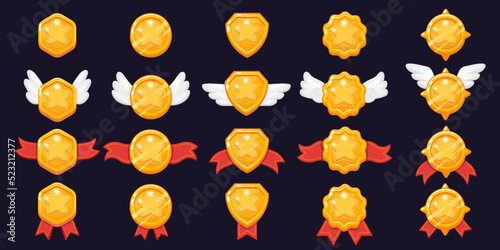 Game star level. Cartoon 2D game asset of victory award and win medals with colorful shiny stars, rank rating and level up interface elements. Vector isolated set