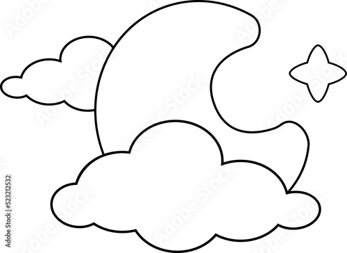 Moon with clouds and star - vector linear picture for coloring. Outline. Moon in the clouds and star for coloring book