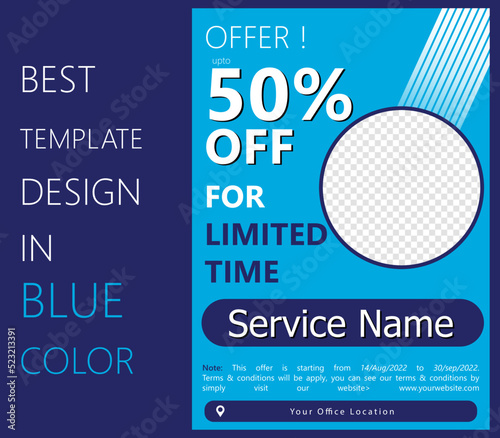 Offer 50 percent off price discount promotion banner Template design in blue color. Minimal flat style design. Retail marketing flyer. Vector