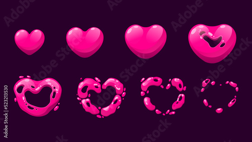 Heart sprite animation. Grow and disappear sprite sequence for like button pressed, game heart explosion graphic template. Vector animate frames set