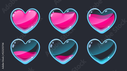 Heart animation UI. Empty to full 2D game life sprite asset for health indication GUI, web app and mobile game interface symbol graphic design. Vector set