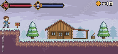 Pixel art game scene with character, life bar and mana vector background for 8bit game