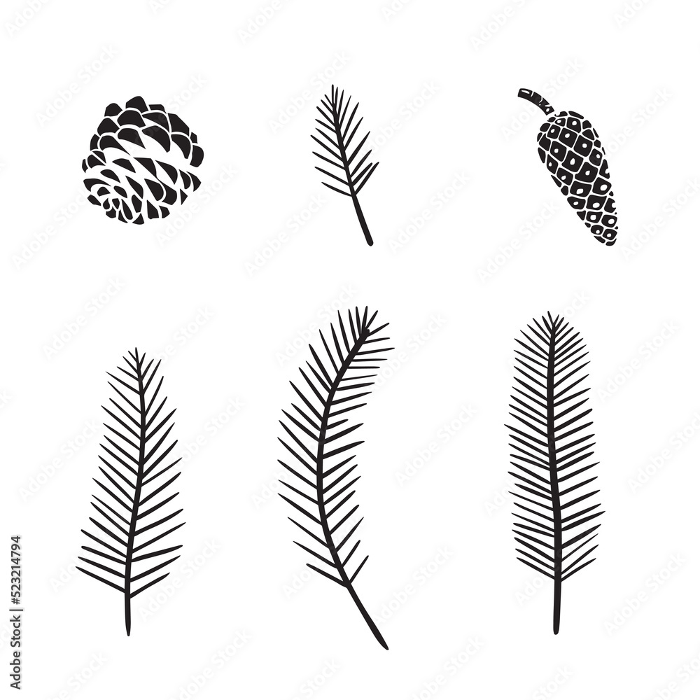 set of pine tree branches and cones set of pine tree branches and cones