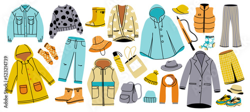 Autumn clothing. Doodle seasonal warm wearing and accessories, cozy sweater coat and pants, waterproof and rain boots. Vector fashion isolated set