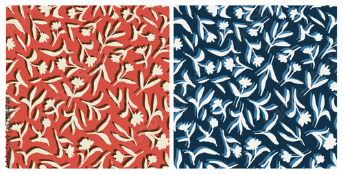 Set of botanical elements with shadows seamless repeat pattern. Random placed, vector wild flowers all over surface print on red and blue background.