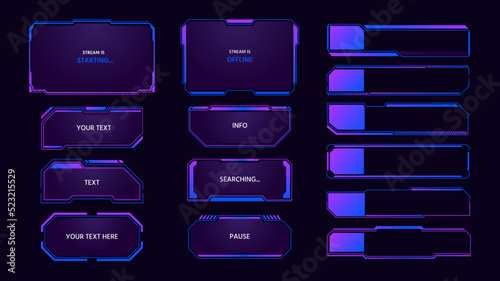 Game panel. Streaming overlay interface elements, futuristic monitor tabs and frames, live stream pop up window and tech message. Vector streamers soft layout set