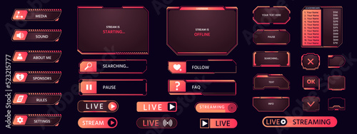 Game frame. Streaming interface elements, button icon frame futuristic layout asset, HUD live broadcast dashboard elements collection. Vector pop up stream set