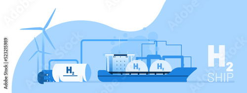 Alternative fuel vector illustration concept. Green energy and power source. Wind turbine and solar panel,ship, fuel station, fuel tank. Template for website banner, advertising or news article.