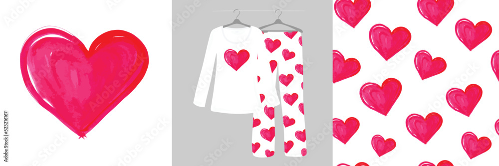 Hand drawn hearts seamless pattern. Women's pajamas.