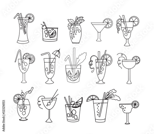 Thin line icons set of classic hand drawn alcoholic cocktails Collection of outline symbols. Vector illustration.