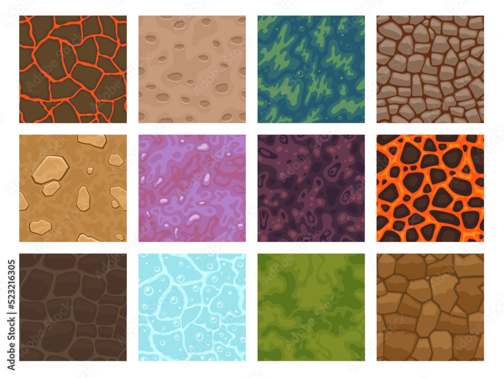 Game texture tiles. 2D cartoon level ground block of various materials, grass rock sand ice water lava, textured land game asset. Vector nature elements tile kit