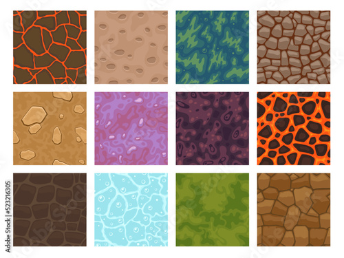 Game texture tiles. 2D cartoon level ground block of various materials, grass rock sand ice water lava, textured land game asset. Vector nature elements tile kit