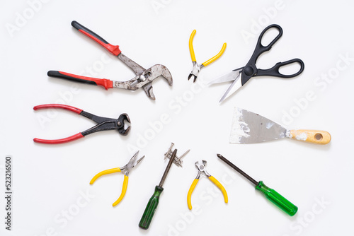 Set of hand tools on white background.