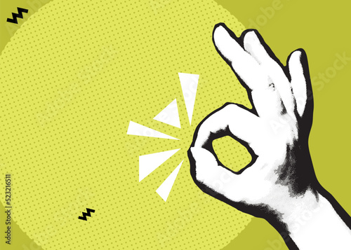 Photos hand shows sign okay, collage of wrist on the yellow-green background, zine cult
