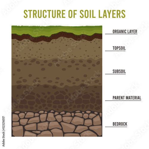 Soil layers. Cartoon geology ground structure with sand subsoil rocks and dirt, underground ancient layering diagram. Vector for fertile soil to bedrock ground photo
