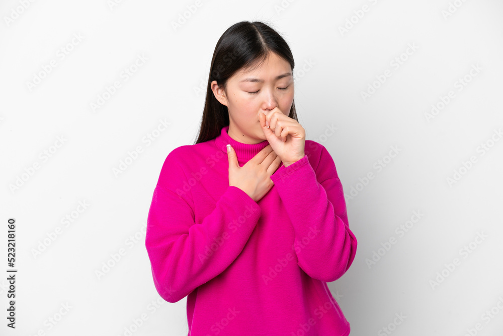 Young Chinese woman isolated on white background coughing a lot Young Chinese woman isolated on white background coughing a lot