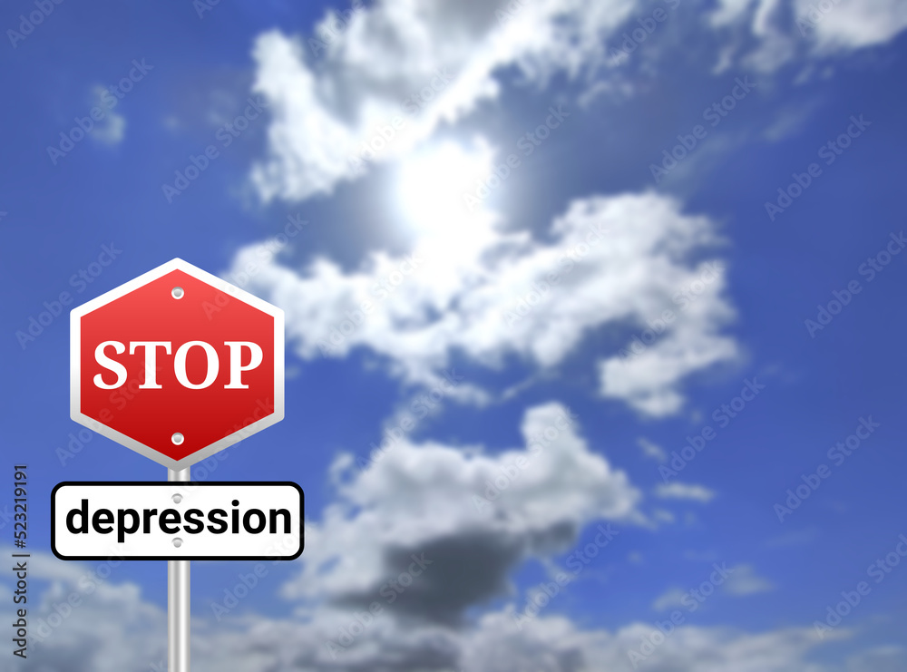 Stop depression sigh board on blur sky background. Stop depression sigh board on blur sky background.