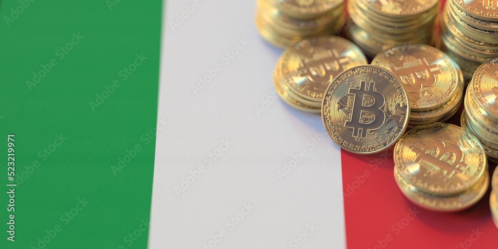Flag of Italy and many bitcoins. National cryptocurrency regulations concept, 3d rendering
