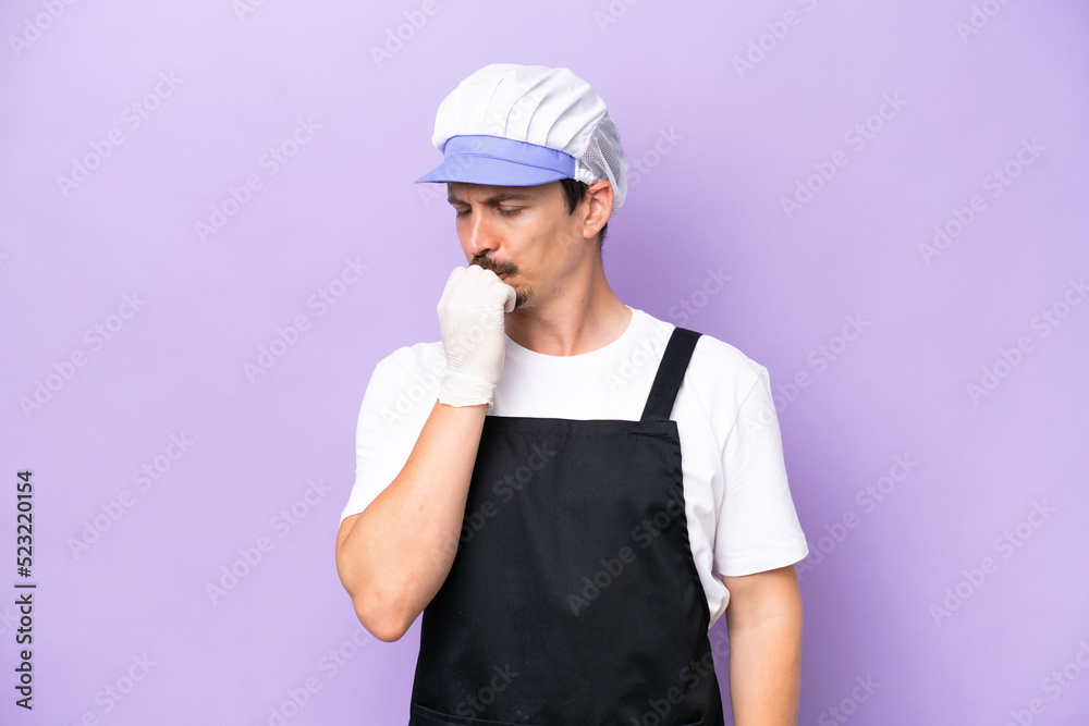 Fishmonger man wearing an apron isolated on purple background having doubts Fishmonger man wearing an apron isolated on purple background having doubts