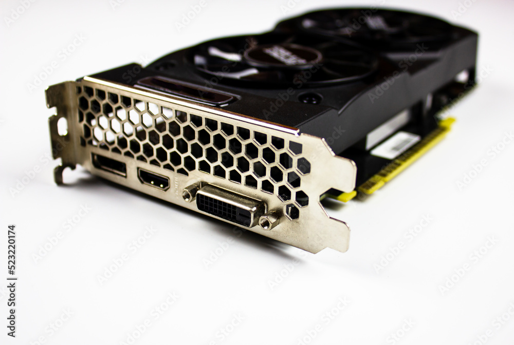Video card for PC on a white isolated background. Computer graphics card with two fans. Video card with two coolers, for gaming, mining.GPU component for PC. Video card for PC on a white isolated background. Computer graphics card with two fans. Video card with two coolers, for gaming, mining.GPU component for PC.