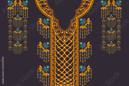 Vector ethnic colorful neck embroidery floral pattern on black background. Tribal art shirts fashion.