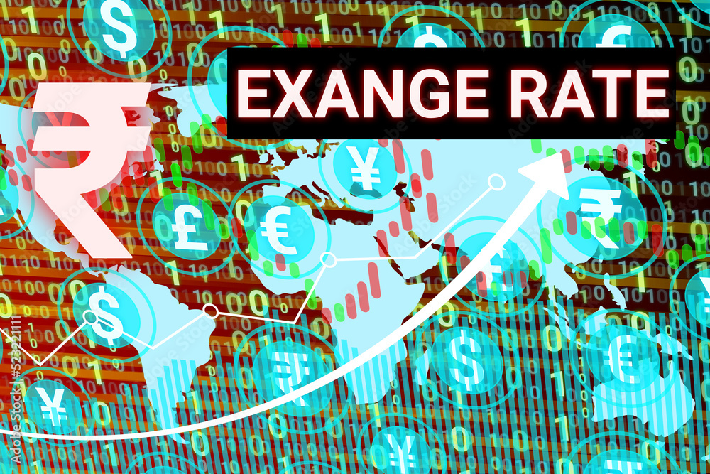 rupee exchange rate background with currency symbol, graphs and numbers.