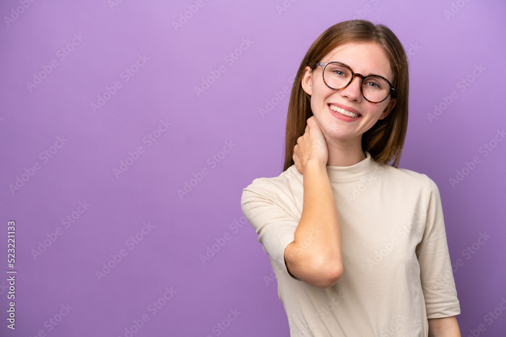Young English woman isolated on purple background laughing