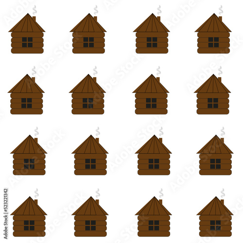 A set of rustic brown log houses with smoke from the chimney. A beautiful rural seamless pattern of wooden branch houses on white background.