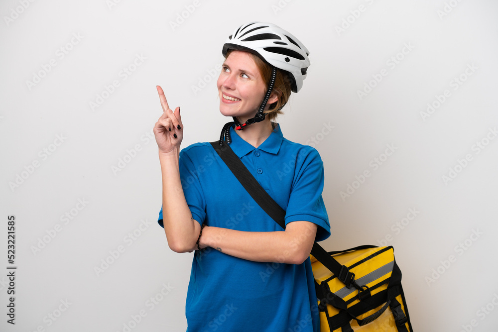 Young English woman with thermal backpack isolated on white background pointing up a great idea Young English woman with thermal backpack isolated on white background pointing up a great idea
