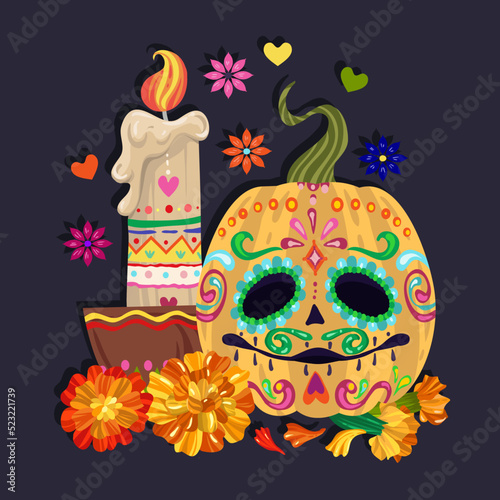 Vector illustration. Die de los muertos. The day of the Dead, Mexican holiday, pumpkins, candles, banner and card, print on t-shirt, handmade