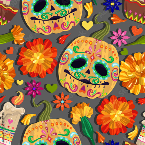 Vector illustration. Die de los muertos. The day of the Dead, Mexican holiday, pumpkins, candles, dark background, seamless pattern