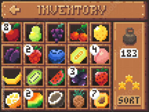 Pixel fruits inventory. Cartoon game interface screen with fruits and berries in cells and UI elements, 8-bit 2D game sprite asset. Vector character food collecti