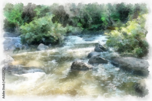 landscape of streams in the forest watercolor style illustration impressionist painting.