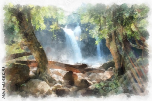 waterfall and forest landscape watercolor style illustration impressionist painting.