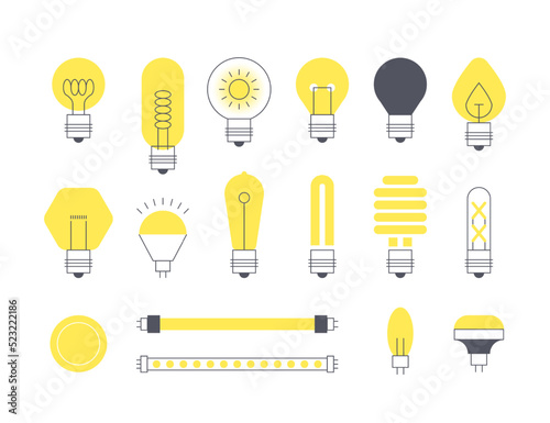Flat light bulb. Minimalistic abstract glowing electric device, various energy efficient LED light bulbs and strips with different connector. Vector light bulb logo