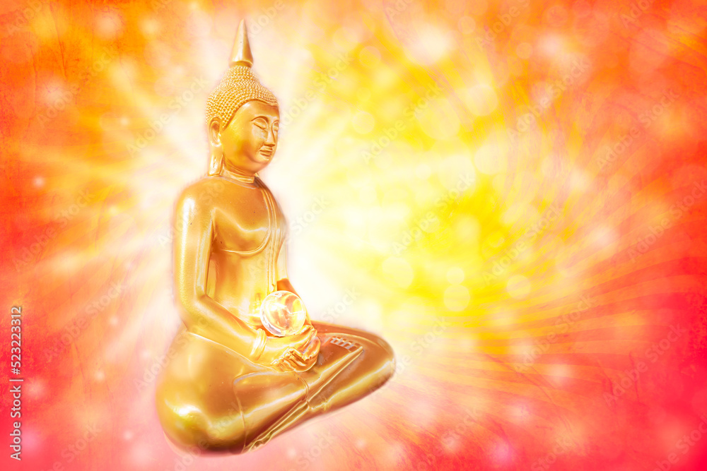 Buddha statue with lighting and bokeh on orange color sunburst background. Buddha statue with lighting and bokeh on orange color sunburst background.
