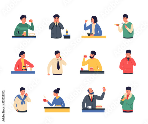 People eating. Cartoon different persons have lunch brunch and tasting desserts, customers in cafe and family at the desk. Vector men and women chewing meal set