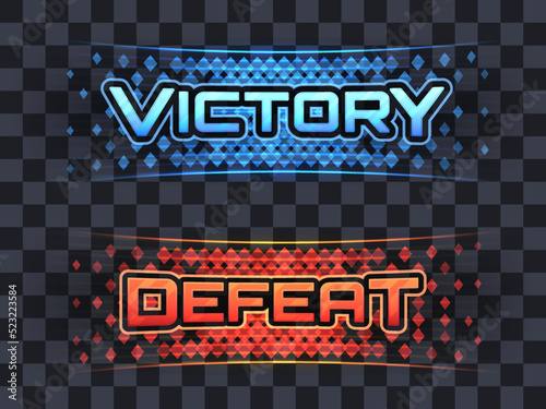 Victory and defeat holographic signs on a transparent background. Game ending UI design text notifications. Glowing shapes and lines. Eps10 vector