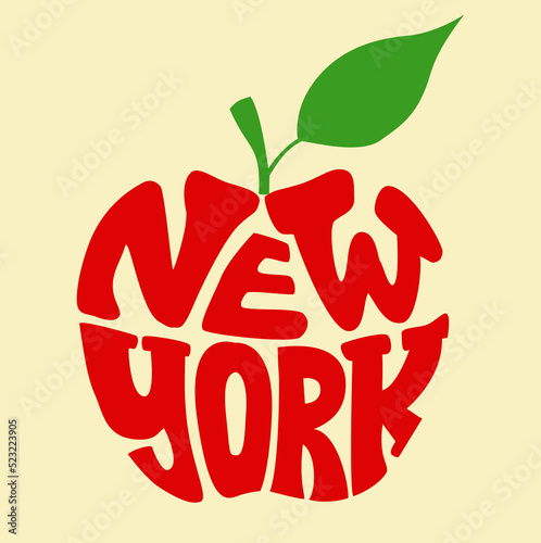 Red Apple New York Calligram. Typography Words New York on Form Silhouette. Art Print. Vector illustration. 