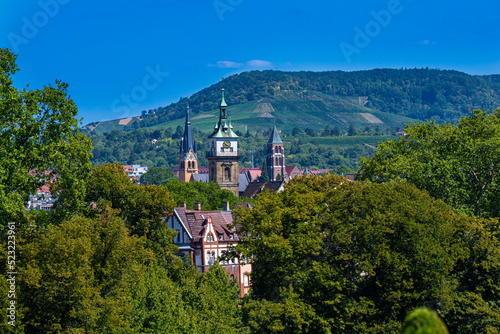 View of the church towers of Bad Cannstatt, Evangelical Church, Martin Luther Church and Church of Our Lady. Baden Wuerttemberg, Germany, Europe.