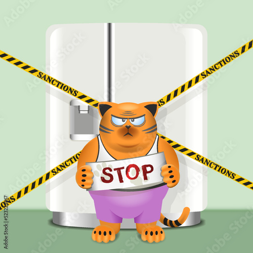 Vector angry displeased fat red cartoon cat with stop sign. A large two-door refrigerator in the background is covered with tape with inscription sanctions
