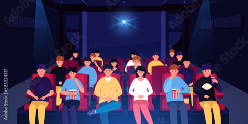 People in cinema. Cartoon characters on holiday spending time in movie theater, dark room interior with chairs and cinema projector. Vector people watching movie