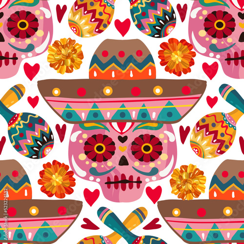 Vector illustration. Die de los muertos. The day of the Dead, Mexican holiday, festival, light background, seamless pattern