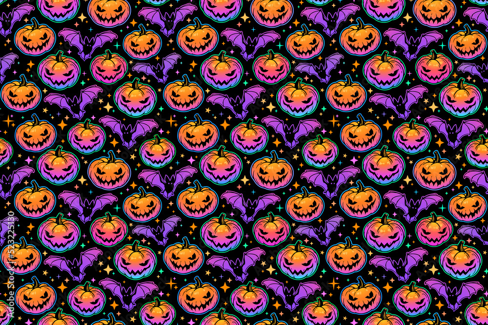 seamless pattern of bright multicolored haloween pumpkins and bats seamless pattern of bright multicolored haloween pumpkins and bats