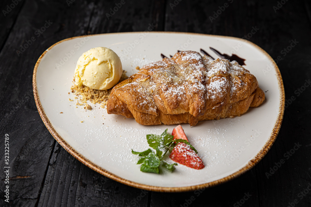 delicious croissant with chocolate and ice cream delicious croissant with chocolate and ice cream