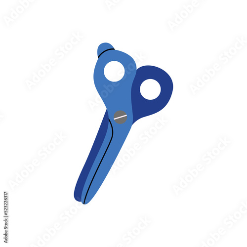 Blue office stationery scissors for cutting. Time to school. Tool for creative work or hobby. Children's cute stationery subjects. Back to school, science, college, education, study.