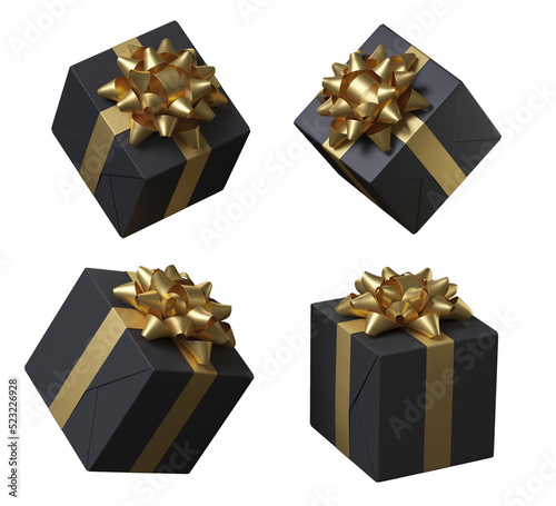 Minimal happiness object for love, wedding and valentine concept. Black gift box with golden bow isolated on transparent background. 3d rendering illustration. PNG © 3DJustincase