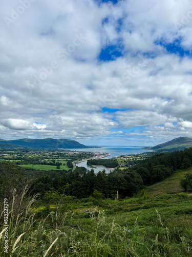 The flagstaff viewpoint area, countryside, Newry, with Warrenpoint town in the distance during the summer. Hiking and Tourism concept