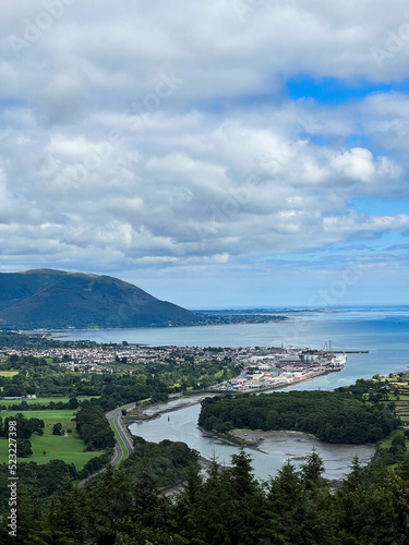 The flagstaff viewpoint area, countryside, Newry, with Warrenpoint town in the distance during the summer. Hiking and Tourism concept
