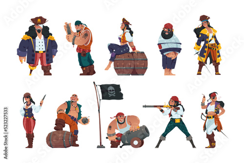 Pirate men and women. Cartoon fantasy sailors and sea warriors with swords treasure chest spyglass wearing hats and pirate costumes. Vector marine corsairs collection